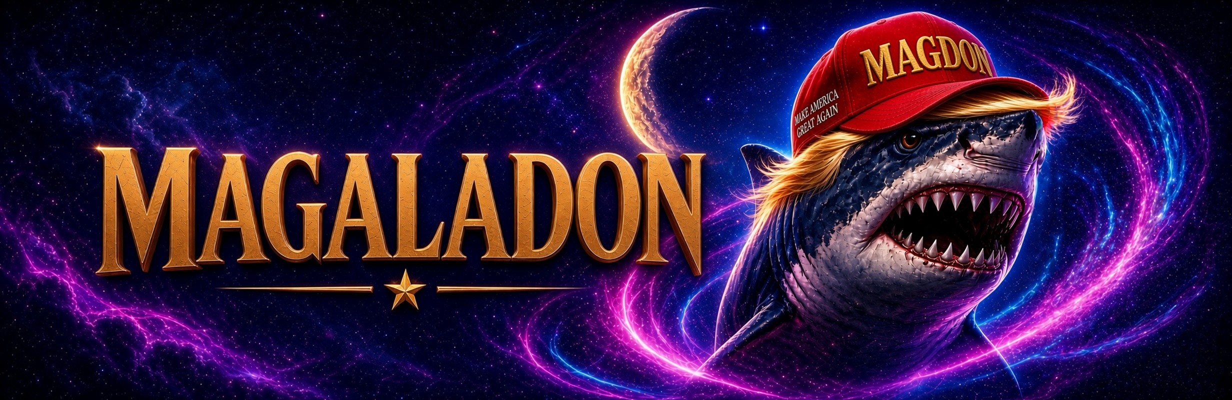 MAGALADON banner — gold lockup and MAGA-hat shark in space