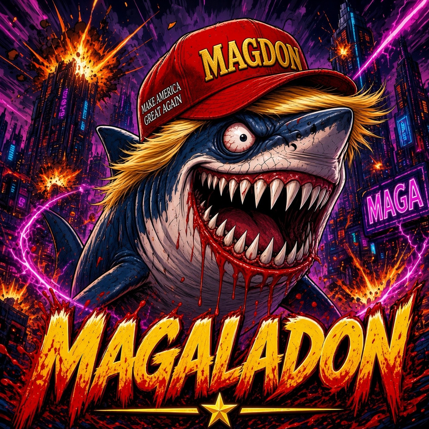 MAGALADON mascot — megalodon in a MAGA hat with Don hair